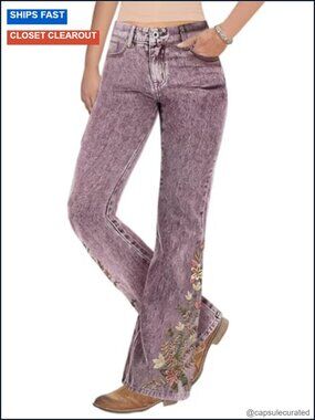 Women's Floral Embroidered Mid Waist High Stretch Bootcut Jeans